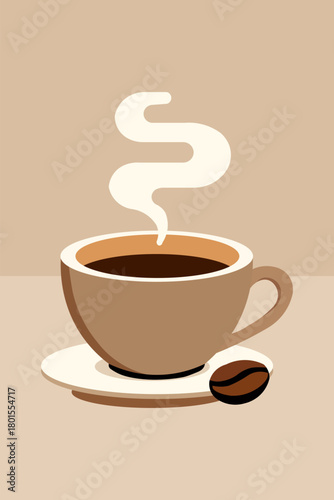 Steaming coffee cup illustration with a coffee bean on a beige background