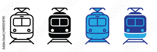 Set of four tram icons in outline, silhouette, and color variations, representing urban public transport and railway systems, isolated on white.