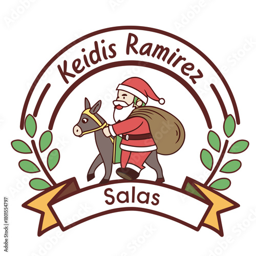 Illustration of santa claus riding a donkey with a sack in a decorative frame with text above and below