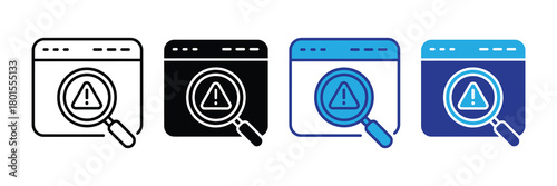 Collection of four alert warning icons with magnifying glass over web page browser window on white background for website or app design