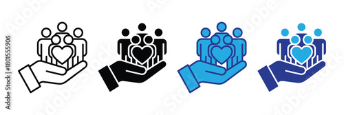 Hand holding group of people with heart icon symbolizing community care, support, and social responsibility in various graphic styles.