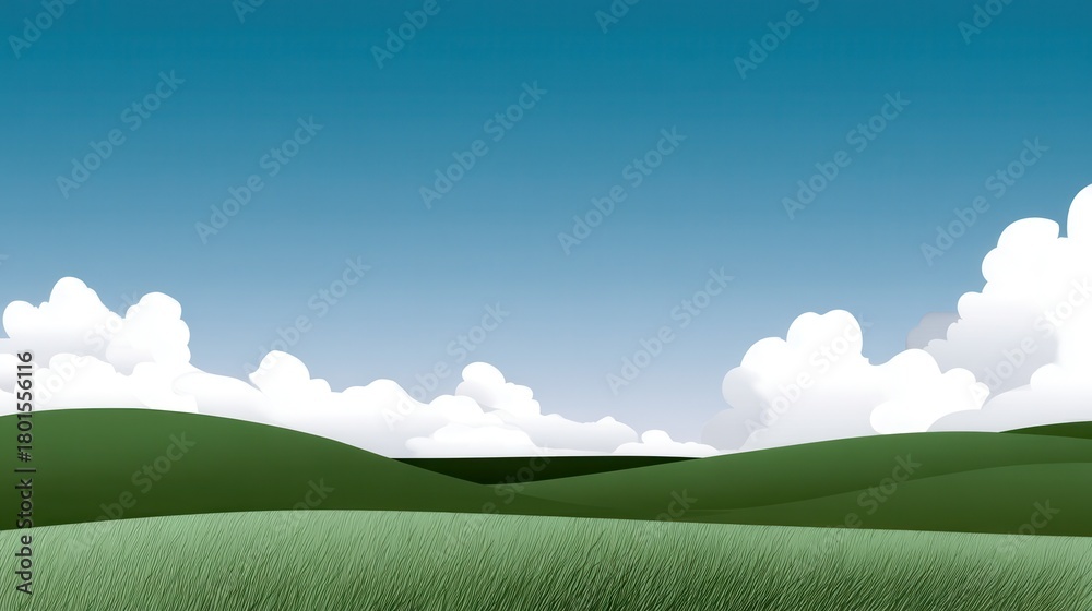 Obraz premium A peaceful landscape featuring rolling green hills under a clear blue sky with fluffy white clouds, ideal for nature-themed projects.
