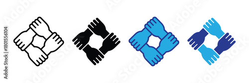 Four stylized hands linked together in a square formation, symbolizing unity, teamwork, collaboration, support, and partnership. isolated vector icon on white.