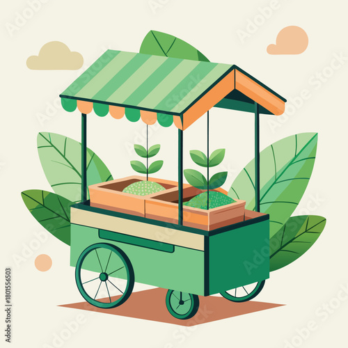 Charming green cart displaying fresh plants and produce