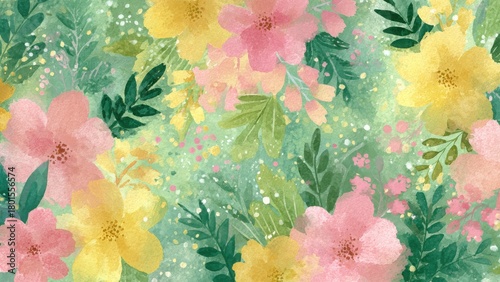 水彩フローラルの華やかな花柄テクスチャ 春色デザイン素材