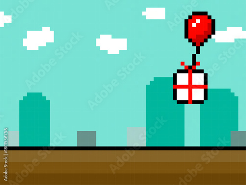 プレゼントがついた風船が空に浮かんでいる風景のドット絵