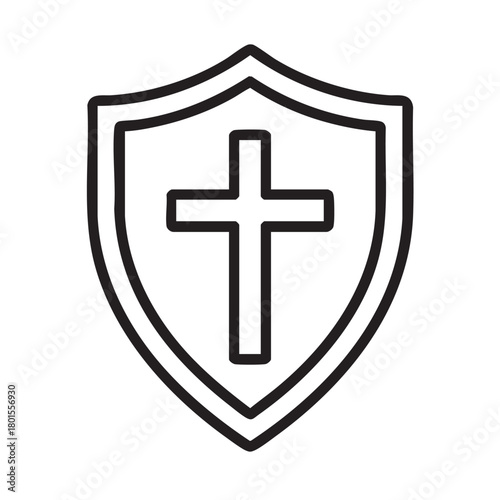 Free Download a simple black and white line drawing depicts a shield with a prominent christian cross symbol at its center - GFXLoad