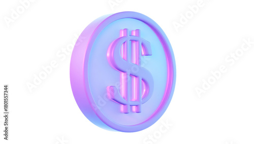 A 3d render of a glowing coin with a dollar sign, illuminated with purple and blue neon light, symbolizing finance and currency, transparent background