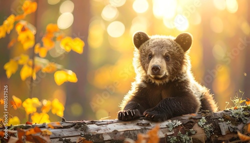 Bear cub sits on a fallen log in golden sunlight, autumnal leaves nearby, soft bokeh background