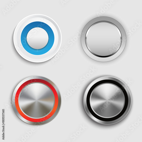 Set of metallic and glossy circular buttons featuring chrome, brushed metal, and colorful ring designs, ideal for UI controls, dashboards, and tech interfaces