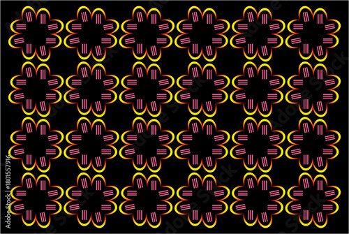 Bold yellow-outlined flowers filled with pink geometric strokes repeat in a striking grid, blending floral softness with futuristic electronic design energy.