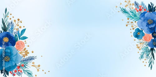 Watercolor illustration of a winter frame with floral decor in the corners. Winter border with blue roses, leaves and other decorative flowers. Hand drawn winter floral arrangements. 