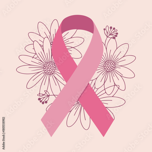 Pink Ribbon with Floral Design for Breast Cancer Awareness Month