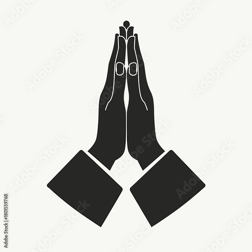 Mourning motifs show folded hands in black and white design. Showing hands folded, design element conveys respect and reverence, featuring palms together in solemn pose.