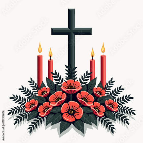 Mourning motifs with cross and candles, decorative arrangement for remembrance services. Mourning motifs include bright red poppies and evergreen leaves, symbolizing hope and rebirth during grief.