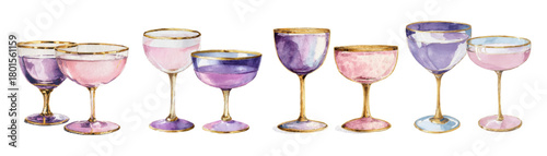 Watercolor set of whimsical cocktails. Pink and purple glasses with frosted rims filled with drinks. Vintage bar and party elements. Retro glasses. Vector illustration.