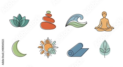 Yoga wellness meditation zen balance nature elements symbols vector design illustration