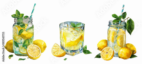 Watercolor illustrations of fresh summer lemonade in glasses. Drinks with lemon slices, mint leaves and ice. Fresh lemons. Lemon drinks in glasses. Summer refreshing midsummer drinks.