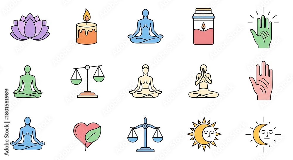 Fototapeta premium Meditation wellness yoga mindfulness balance harmony zen peace spiritual health icons set