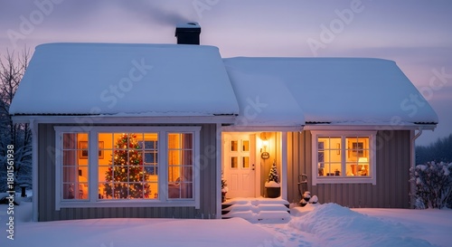 A cozy, snow-covered house with a Christmas tree visible through the window, illuminated warmly.