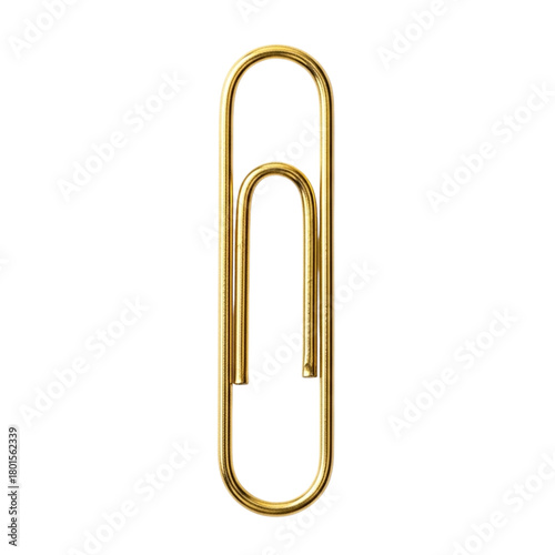 A single gold paperclip isolated on a transparent background