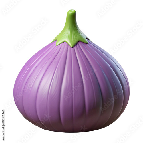 Stylized 3 D rendering of a purple onion with green stem and leaves isolated on a transparent background