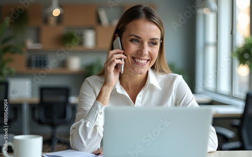Happy smiling mature middle aged business woman, 40s professional lady executive manager talking on the phone making business call on cellphone at work in office using laptop computer.. High quality