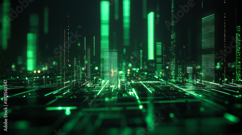 Fototapeta Naklejka Na Ścianę i Meble -  Digital cityscape glowing in green light with 3D structures and patterns detailing urban technology in a futuristic setting