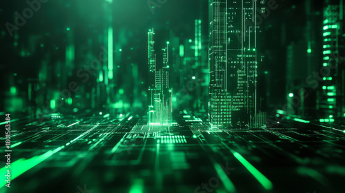 Fototapeta Naklejka Na Ścianę i Meble -  Digital cityscape glowing in green light with 3D structures and patterns detailing urban technology in a futuristic setting