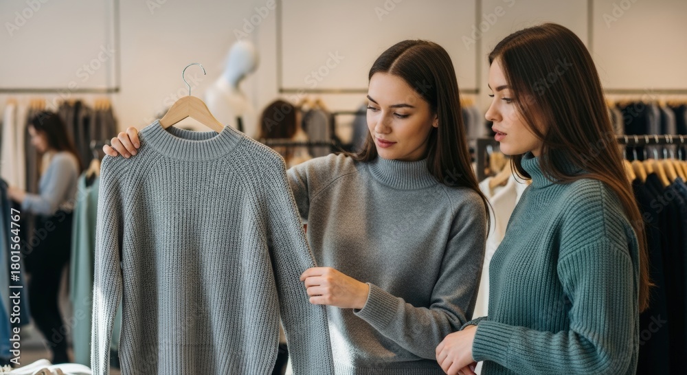 Obraz premium Stylish young women enjoy a collaborative shopping experience, carefully examining a cozy grey knit sweater in a modern fashion boutique