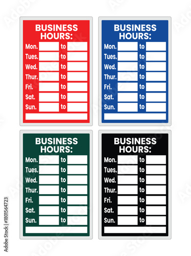 Business hours sign kit. Red, blue, green, and black colored sign kit for business hours. Open signs for the business.