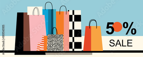 Colorful shopping bags with 50% sale – flat vector banner for promotions