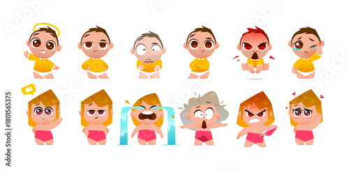 Funny Business Character Pair in Underwear with Six Emotions for Animation and Design. Male and Female Figures Show Office Attitude with a Playful Cartoon Look
