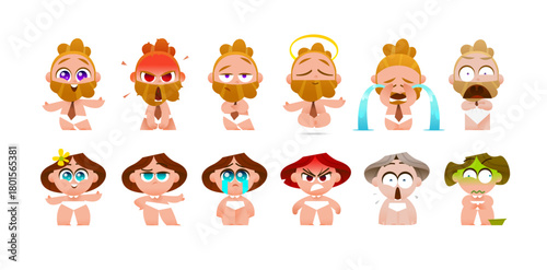 Caucasian Character Pair in Underwear for Animation and Design, Showing Six Playful Emotions and Dynamic Body Poses with Editable Parts for Creative Projects
