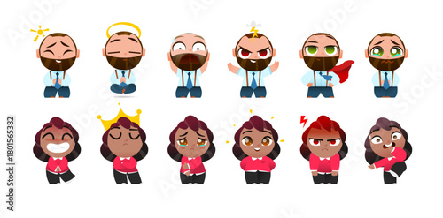 Baby Business Characters with Six Emotions for Animation and Design. Male and Female Figures Express Joy, Anger, Disgust, Surprise, Calm and Love in a Cute Cartoon Vector Set