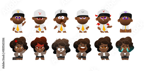 Business Character Pair with African Appearance for Animation and Design. Woman in Suit and Man in Shirt and Tie with Underwear, Showing Six Expressive Emotions