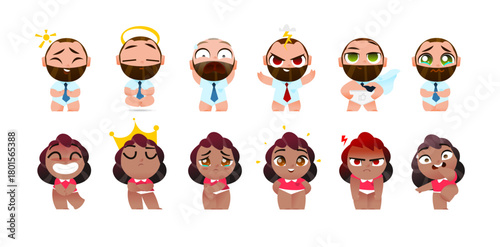 Caucasian Emoji Character Kit with a Male in Shirt and Tie and a Female in T-Shirt, Showing Six Expressive Emotions with Editable Parts for Animation and Media
