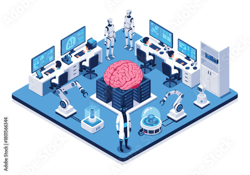 Isometric illustration of an AI research lab with robots, a brain, and computer interfaces