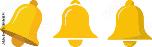 Three golden bells arranged in a row against a white background.