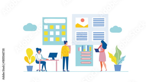 Clean flat art illustration of it professionals troubleshooting computer issues with technology and network symbols