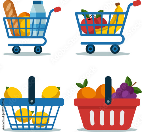 Shopping carts and baskets are filled with groceries and fruits.