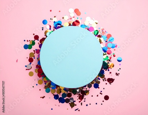Overhead shot of a light blue circular disc on a pastel pink background, encircled by a chaotic, vibrant explosion of metallic confetti in red, gold, blue, and green.