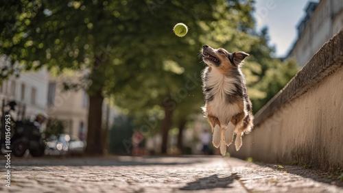 Fototapeta Naklejka Na Ścianę i Meble -  A small dog leaps midair on a sunlit city street to catch a tennis ball. Concept Urban dog in action, Sunny city street, Playful pet photography, Tennis ball chase, Energetic canine jump