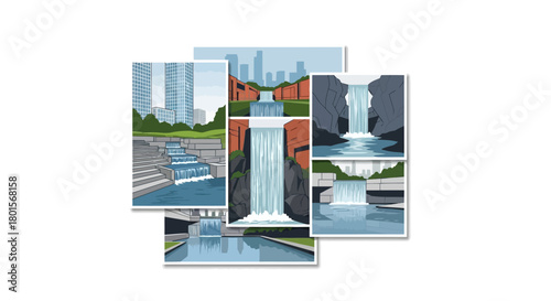 A collection of diverse illustrated waterfalls in various natural and urban environments.