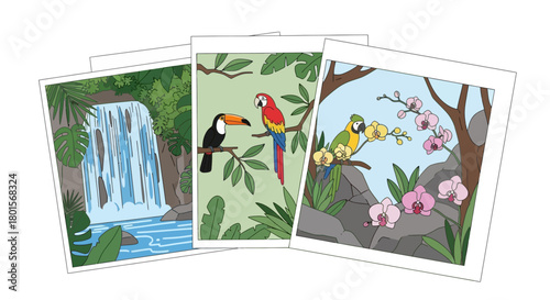 A collection of three vibrant illustrations showcasing tropical nature scenes including a waterfall, exotic birds, and orchids.