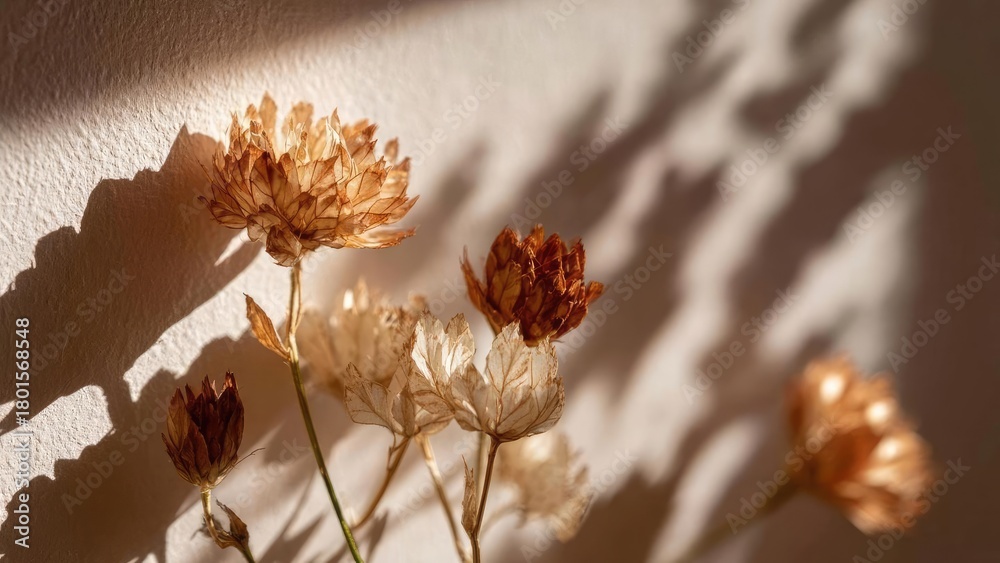 Obraz premium Dried flower heads with papery tan petals on slender stems, lit by warm sunlight and shadowed on a wall. Concept Dried flower heads, Papery tan petals, Slender stems, Warm sunlight, Wall shadows