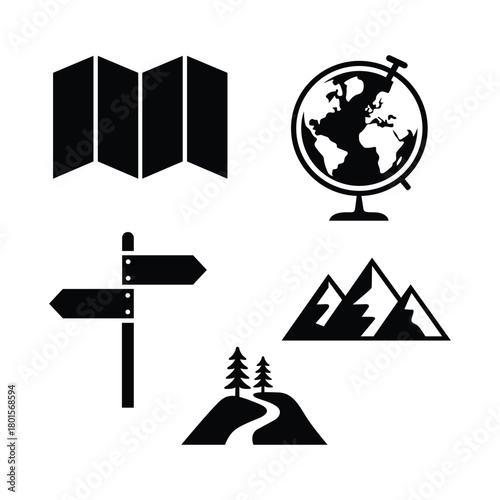 Black and white vector illustration of travel and navigation symbols representing exploration and adventure worldwide