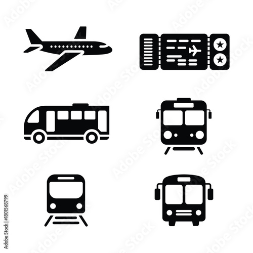 Transportation modes icon set featuring airplane bus train and ticket in black and white design for travel and transit options