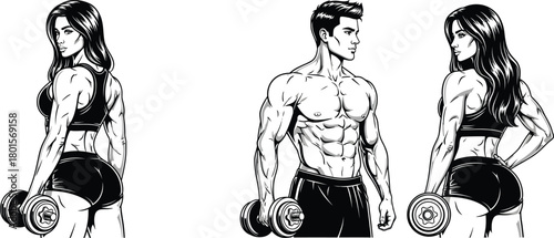Illustration of two women and a man with dumbbells fitness