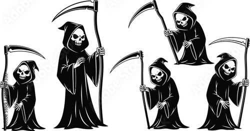 Illustrations of cartoon grim reapers holding scythes on white